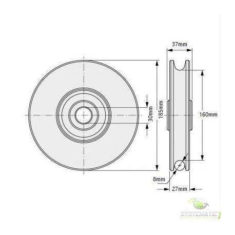 Poulie nylon ø185 arbre 30mm pour câble ø8mm Poulie nylon ø185 arbre 30mm pour câble ø8mm